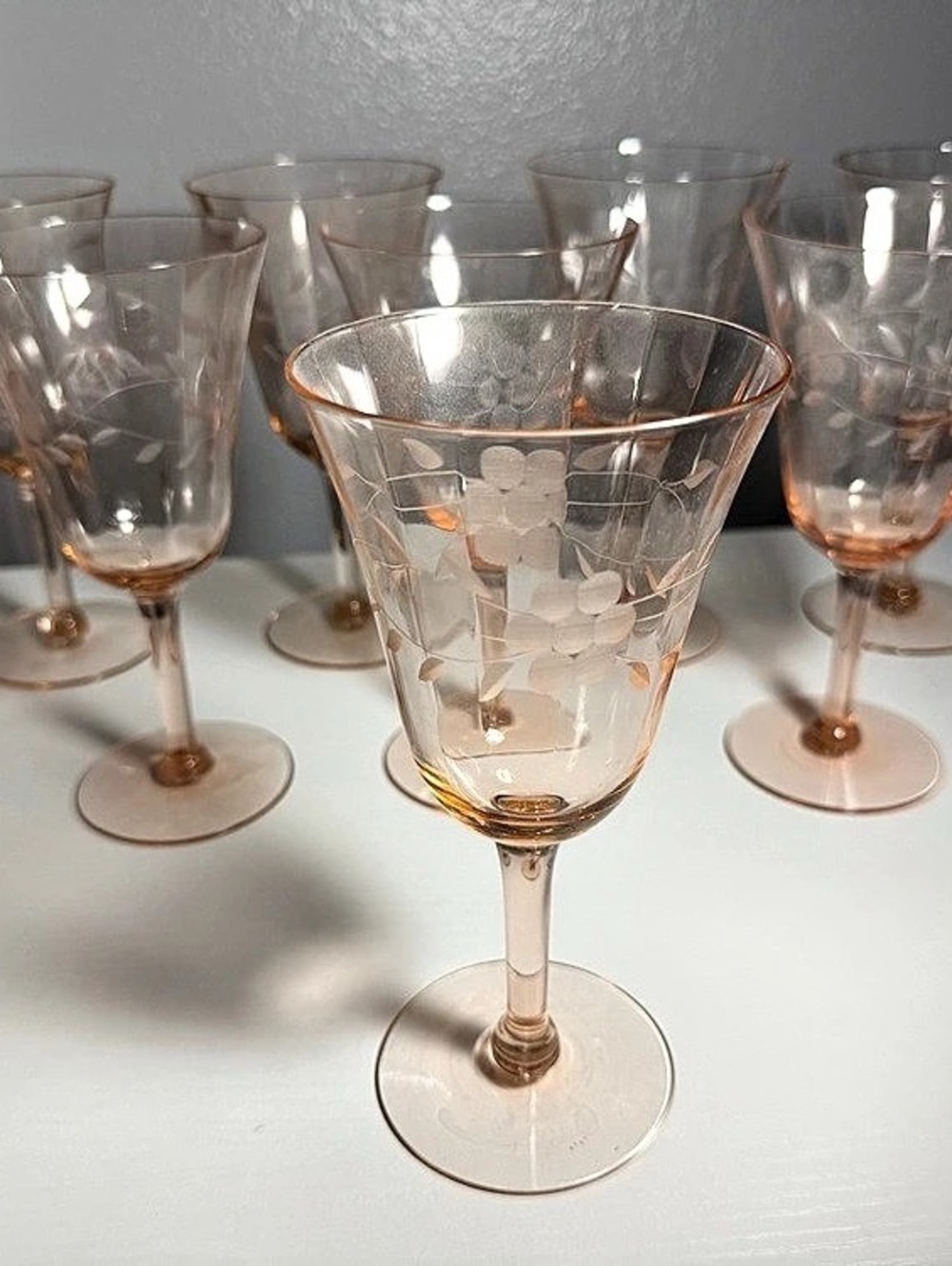 Floral Etched Stemmed Glasses Set of 6